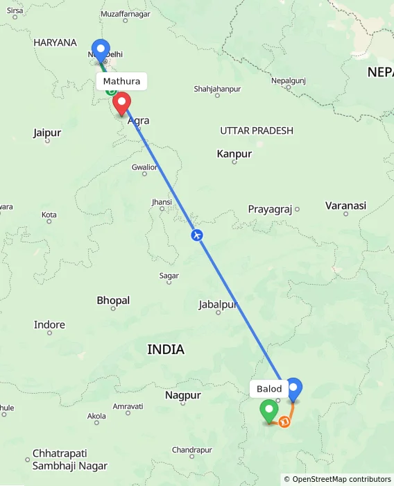 Route map showing distance and travel time from Balod, India to Mathura, India