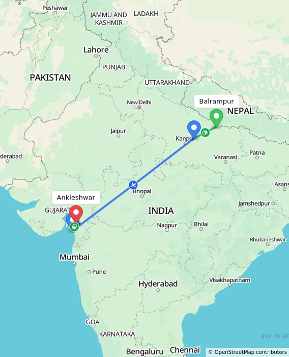 Route map showing distance and travel time from Balrampur, India to Ankleshwar, India