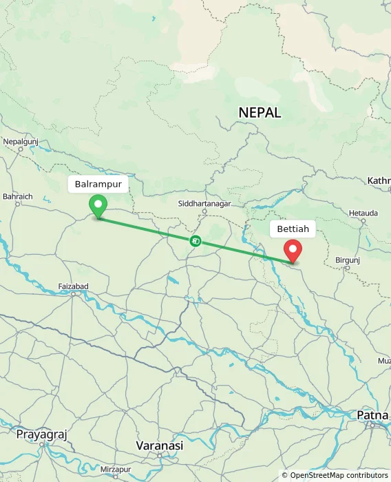 Route map showing distance and travel time from Balrampur, India to Bettiah, India