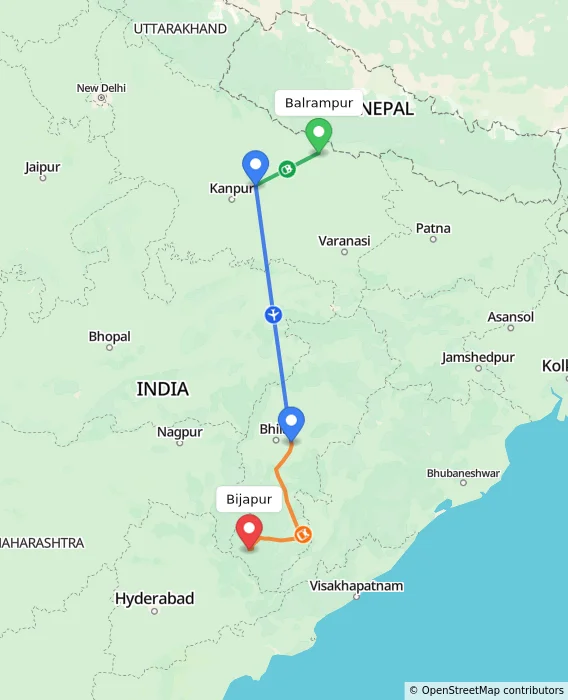 Route map showing distance and travel time from Balrampur, India to Bijapur, India