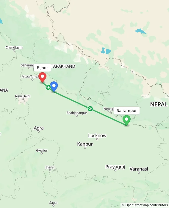 Route map showing distance and travel time from Balrampur, India to Bijnor, India