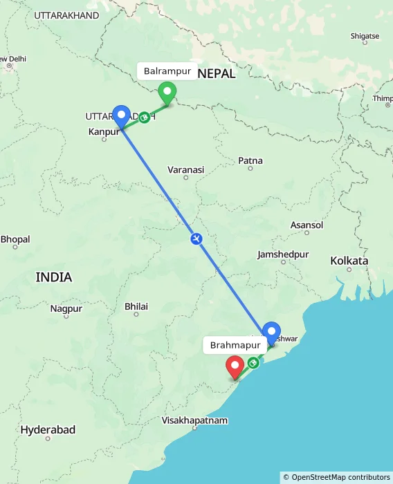 Route map showing distance and travel time from Balrampur, India to Brahmapur, India