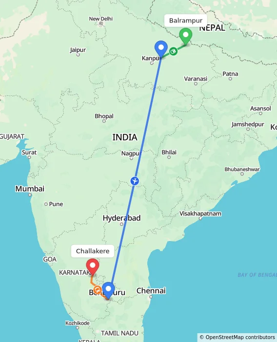 Route map showing distance and travel time from Balrampur, India to Challakere, India