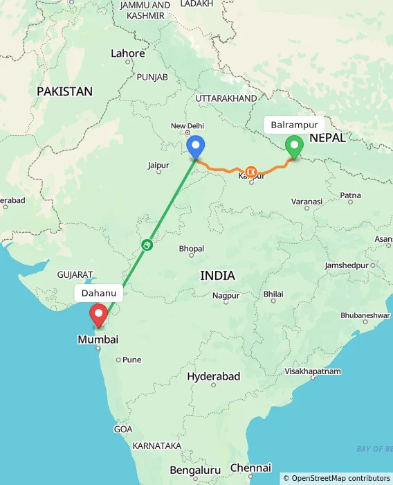 Route map showing distance and travel time from Balrampur, India to Dahanu, India
