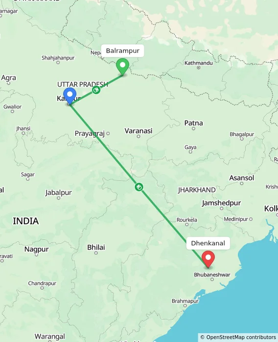 Route map showing distance and travel time from Balrampur, India to Dhenkanal, India