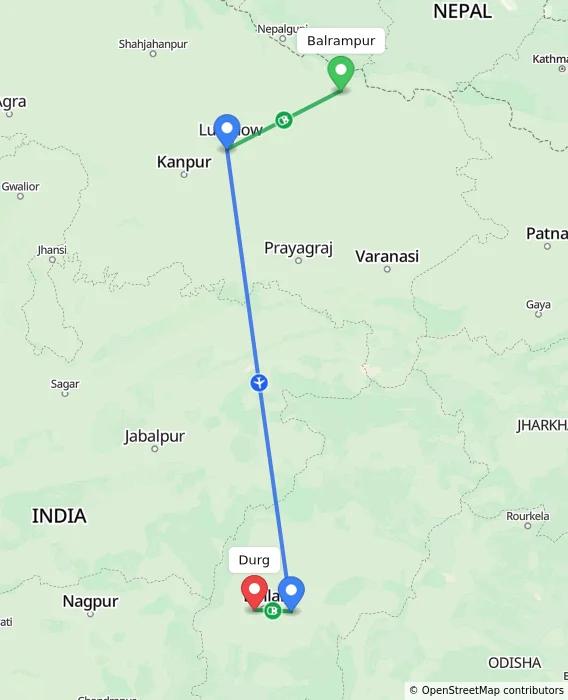 Route map showing distance and travel time from Balrampur, India to Durg, India