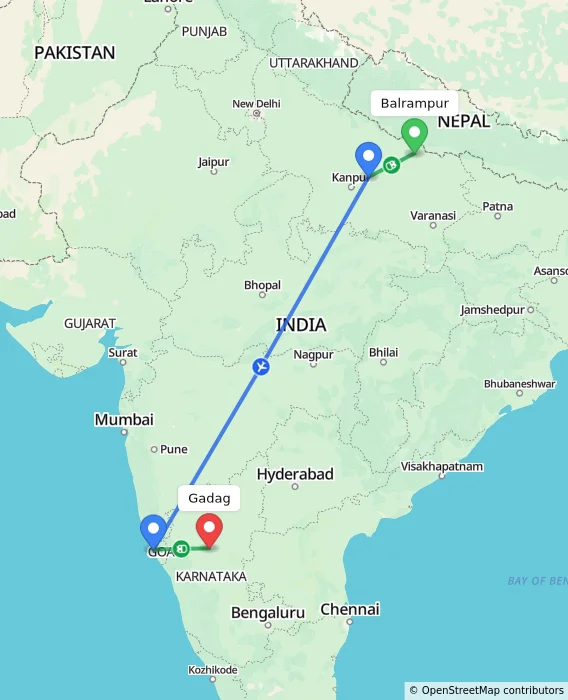 Route map showing distance and travel time from Balrampur, India to Gadag, India