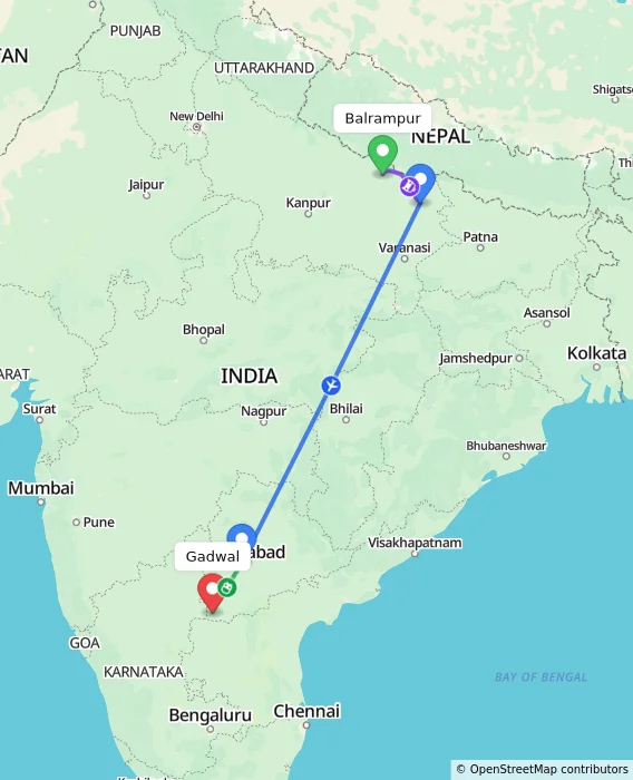 Route map showing distance and travel time from Balrampur, India to Gadwal, India