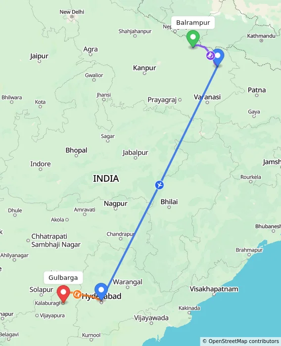 Route map showing distance and travel time from Balrampur, India to Gulbarga, India