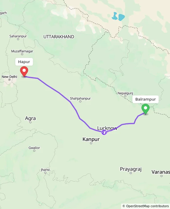 Route map showing distance and travel time from Balrampur, India to Hapur, India