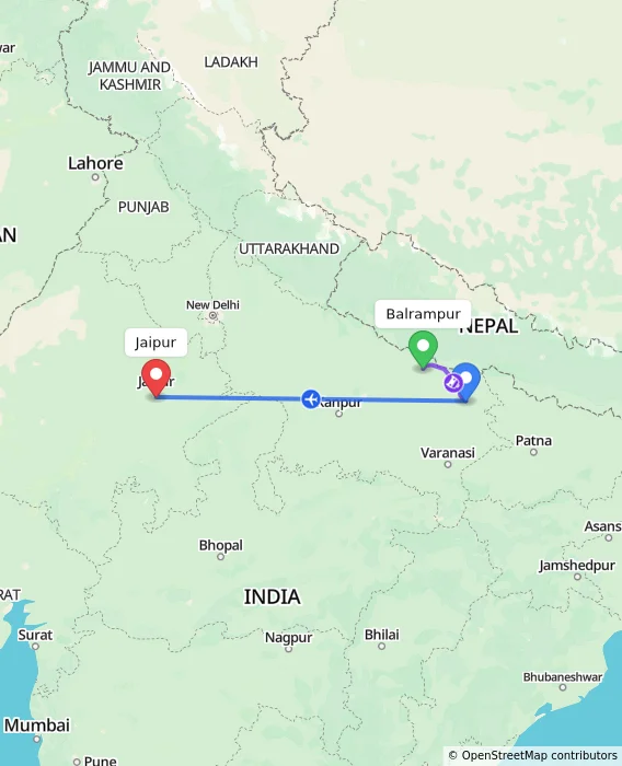 Route map showing distance and travel time from Balrampur, India to Jaipur, India