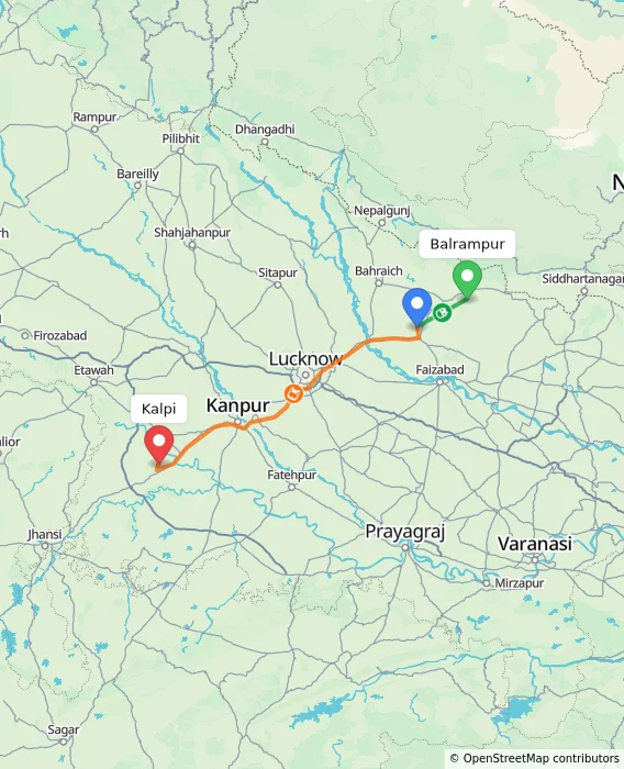 Route map showing distance and travel time from Balrampur, India to Kalpi, India