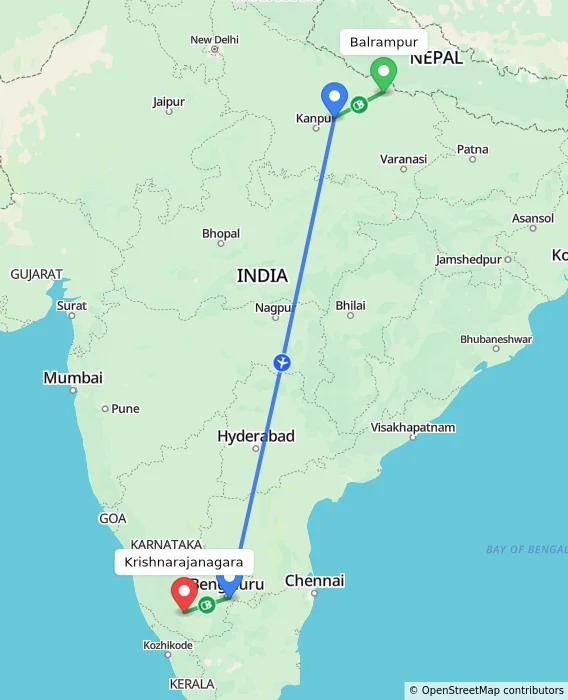 Route map showing distance and travel time from Balrampur, India to Krishnarajanagara, India