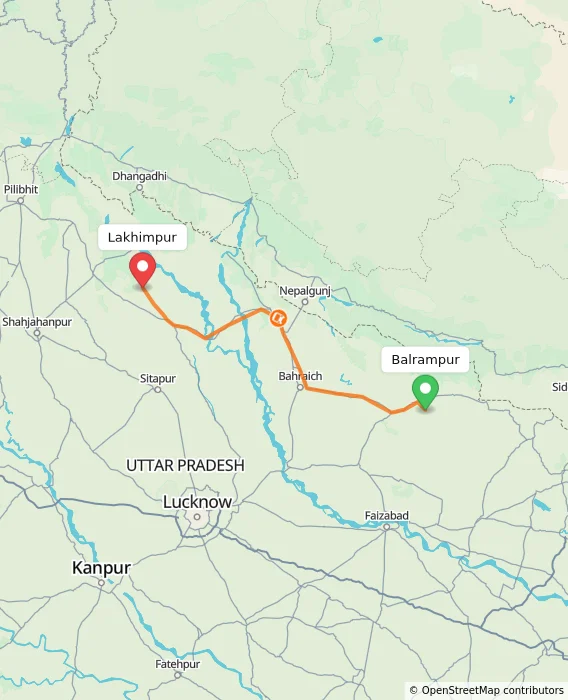 Route map showing distance and travel time from Balrampur, India to Lakhimpur, India