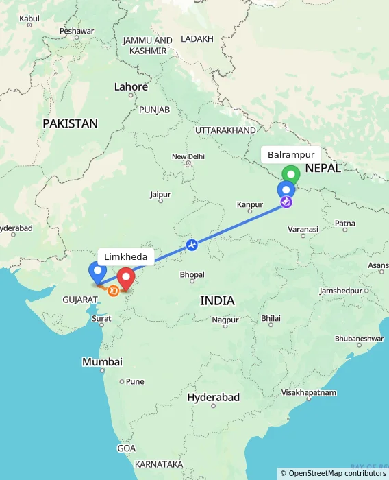 Route map showing distance and travel time from Balrampur, India to Limkheda, India
