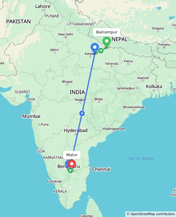 Route map showing distance and travel time from Balrampur, India to Malur, India