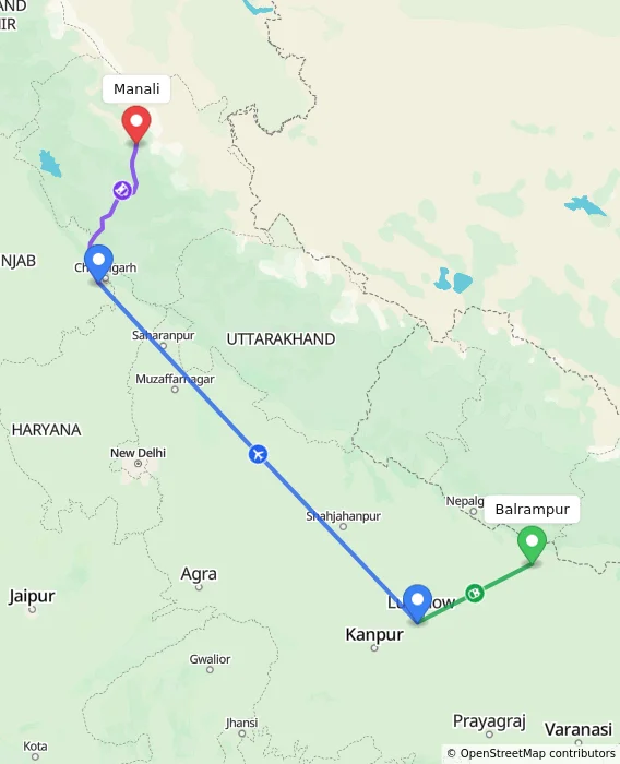 Route map showing distance and travel time from Balrampur, India to Manali, India