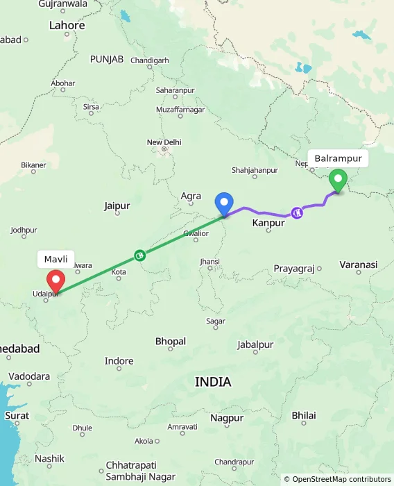Route map showing distance and travel time from Balrampur, India to Mavli, India