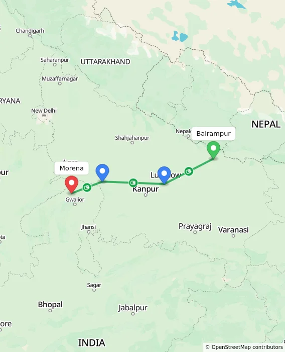 Route map showing distance and travel time from Balrampur, India to Morena, India