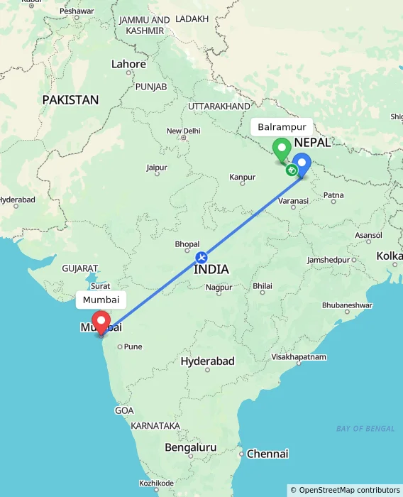 Route map showing distance and travel time from Balrampur, India to Mumbai, India