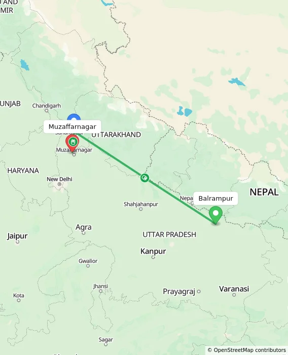 Route map showing distance and travel time from Balrampur, India to Muzaffarnagar, India