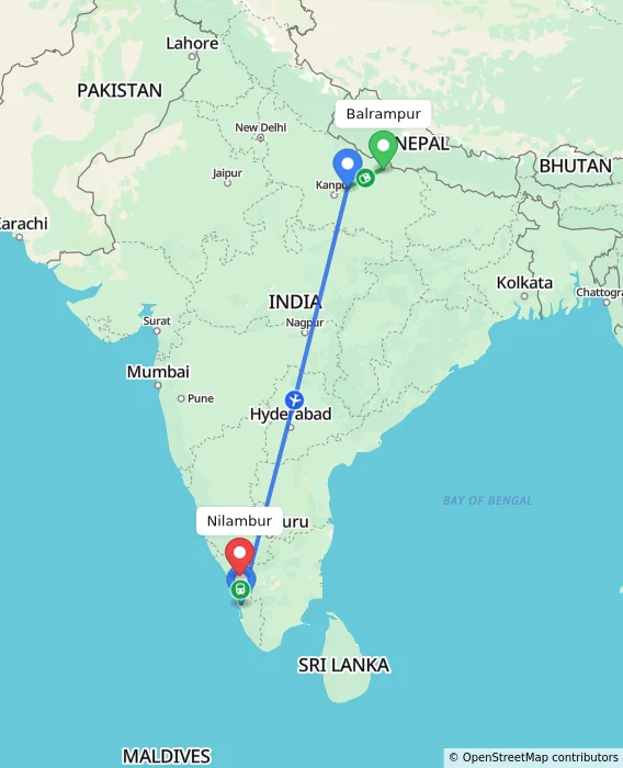 Route map showing distance and travel time from Balrampur, India to Nilambur, India