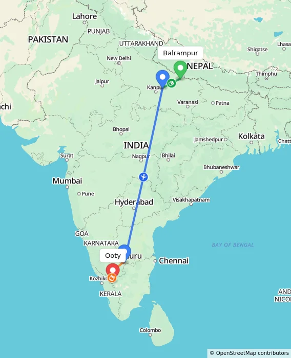 Route map showing distance and travel time from Balrampur, India to Ooty, India