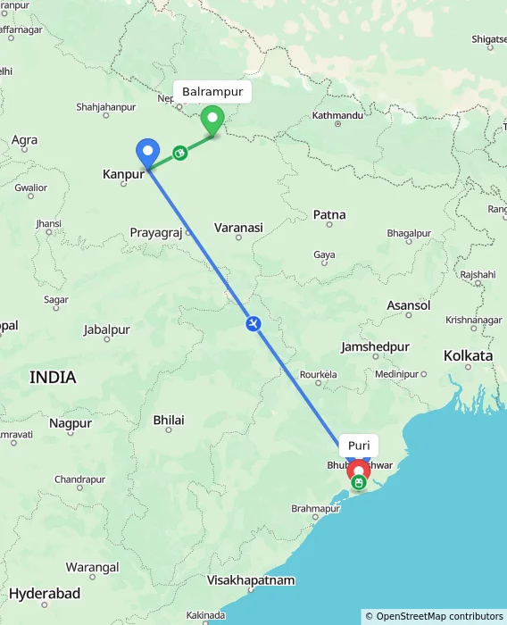 Route map showing distance and travel time from Balrampur, India to Puri, India