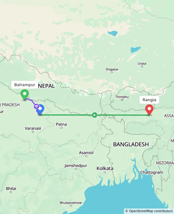 Route map showing distance and travel time from Balrampur, India to Rangia, India