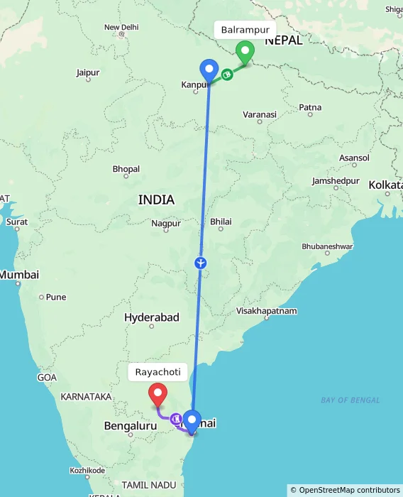 Route map showing distance and travel time from Balrampur, India to Rayachoti, India