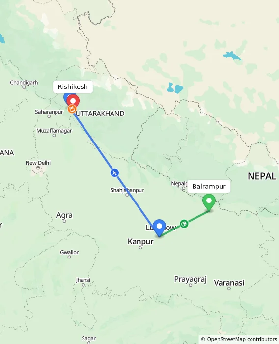 Route map showing distance and travel time from Balrampur, India to Rishikesh, India