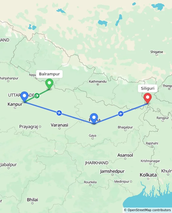 Route map showing distance and travel time from Balrampur, India to Siliguri, India