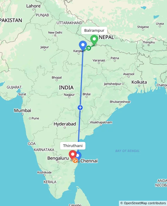 Route map showing distance and travel time from Balrampur, India to Thiruthani, India