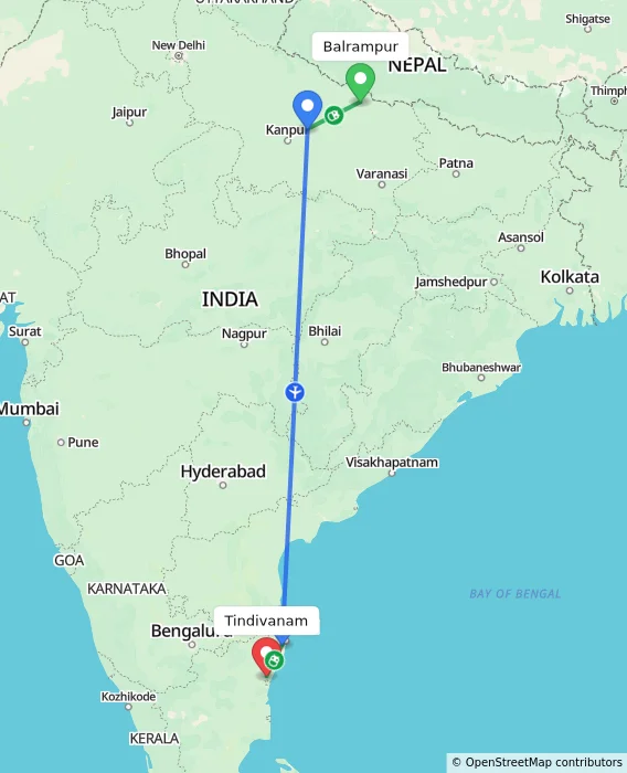 Route map showing distance and travel time from Balrampur, India to Tindivanam, India