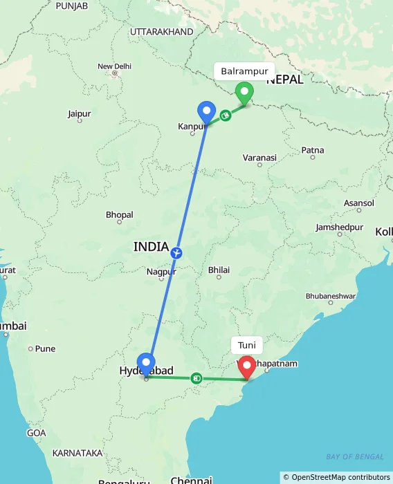 Route map showing distance and travel time from Balrampur, India to Tuni, India