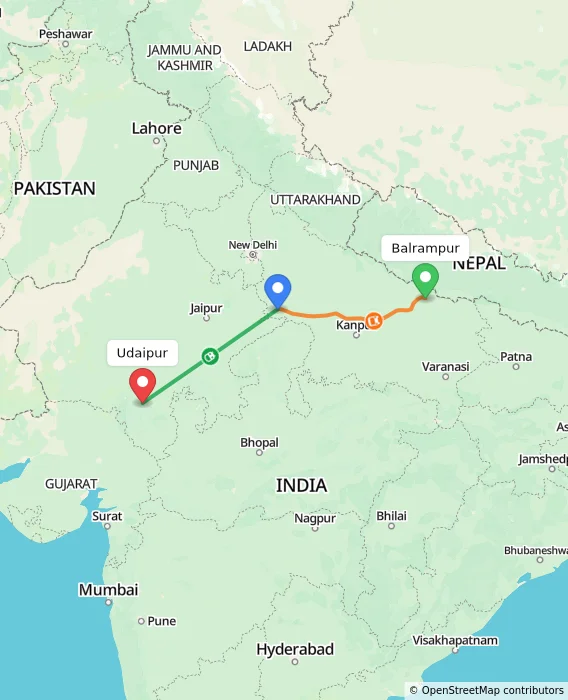 Route map showing distance and travel time from Balrampur, India to Udaipur, India