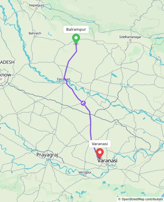 Route map showing distance and travel time from Balrampur, India to Varanasi, India