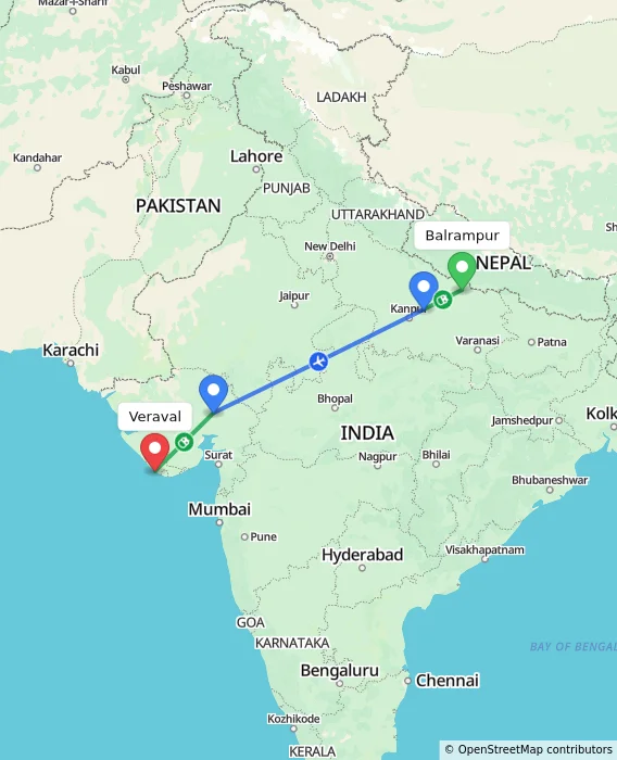 Route map showing distance and travel time from Balrampur, India to Veraval, India
