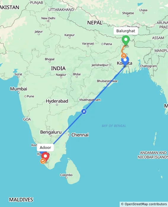 Route map showing distance and travel time from Balurghat, India to Adoor, India