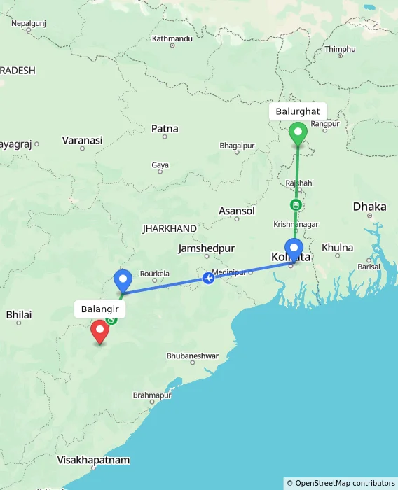 Route map showing distance and travel time from Balurghat, India to Balangir, India