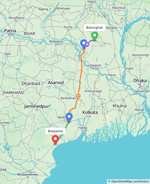 Route map showing distance and travel time from Balurghat, India to Balasore, India