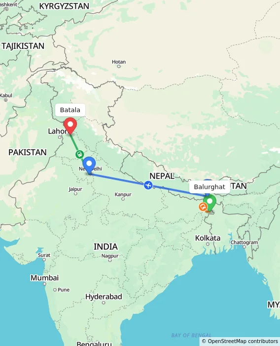 Route map showing distance and travel time from Balurghat, India to Batala, India