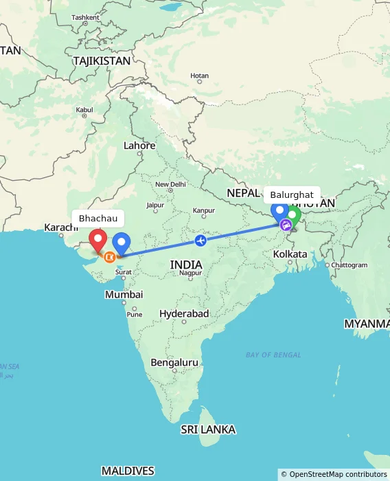 Route map showing distance and travel time from Balurghat, India to Bhachau, India