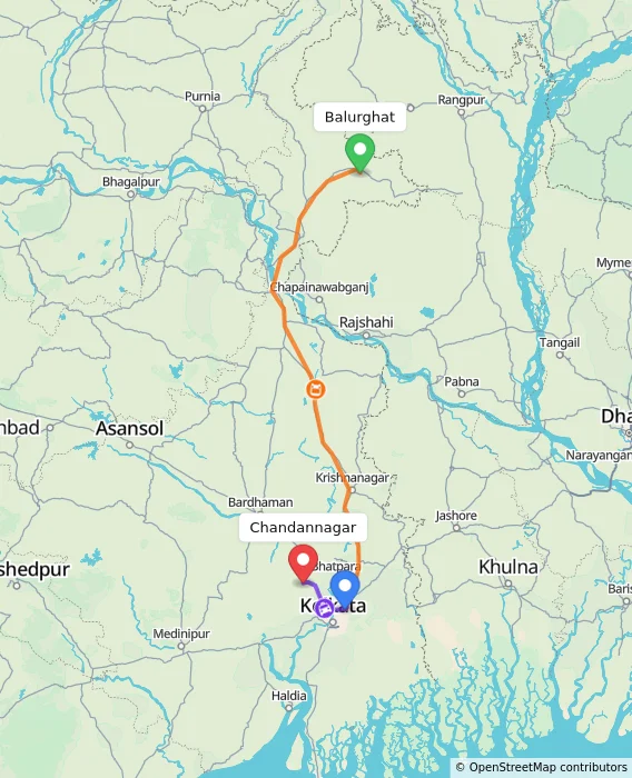 Route map showing distance and travel time from Balurghat, India to Chandannagar, India