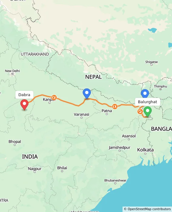 Route map showing distance and travel time from Balurghat, India to Dabra, India