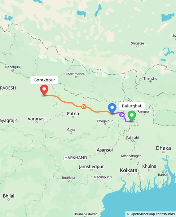 Route map showing distance and travel time from Balurghat, India to Gorakhpur, India