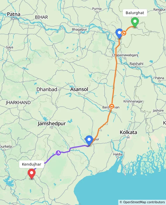 Route map showing distance and travel time from Balurghat, India to Kendujhar, India