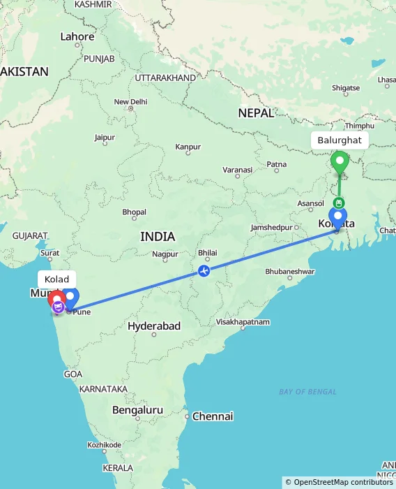 Route map showing distance and travel time from Balurghat, India to Kolad, India