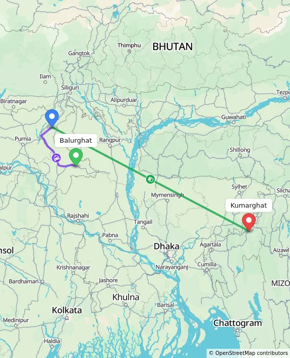 Route map showing distance and travel time from Balurghat, India to Kumarghat, India