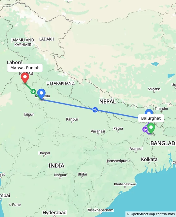 Route map showing distance and travel time from Balurghat, India to Mansa, Punjab, India